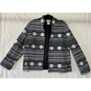Silk Club Blazer Women Lg Black White Embroidery Button Accent Roll Cuff Elegant